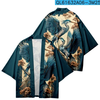 Кимоно в японском стиле Уличная одежда Мужчины Женщины Кардиган с принтом мультяшного Журавля Хаори Летняя пляжная юката Плюс Размер 4XL 5XL 6XL