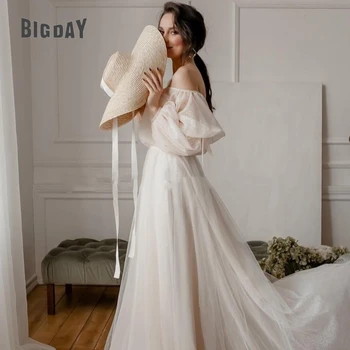 Изысканное свадебное платье для женщины 2023 с открытыми плечами, Трапециевидный вырез лодочкой, длинные рукава, платья для невесты, Тюлевое платье на заказ