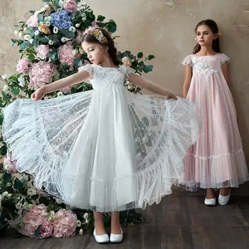 Платье с цветочным рисунком со съемным шлейфом, Трапециевидное платье принцессы для милых девочек, платье для свадебной вечеринки, тюлевое платье для первого причастия, платья