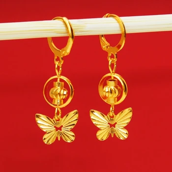 Золотые серьги 9999 из цельного золота с бабочкой, серьги-крючки из бисера, длинные серьги-листики для женщин, модные серьги из искусственного золота