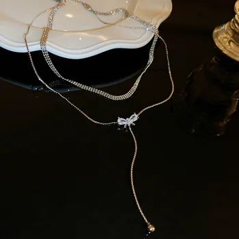 Блестящее серебряное двухслойное ожерелье с бабочкой для женщин, Изысканная двухслойная цепочка на ключицу, женские подарочные модные украшения