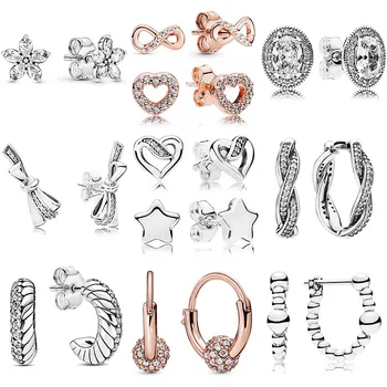 Аутентичные серебряные ленты из стерлингового серебра 925 пробы С изображением сердца Любви, Блестящий бант, Змеиная цепочка, серьги Для женщин, ювелирные изделия