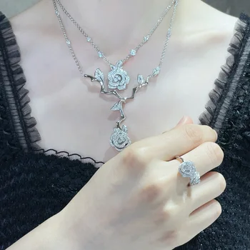 Винтажное женское ожерелье, Роскошный набор ювелирных украшений для женщин, Дизайнерская роза, кольца, ожерелья, серьги из чистого серебра 925 пробы, цветы
