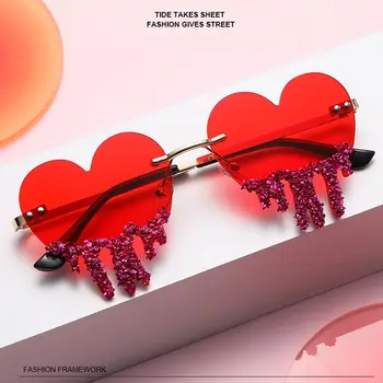 Уникальные солнцезащитные очки в форме сердца со слезами для женщин, модные солнцезащитные очки в форме сердца без оправы, пляжные очки, Забавные крутые очки для вечеринок
