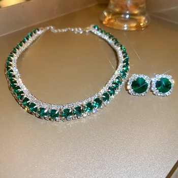 Ожерелья с инкрустацией из зеленого хрусталя DREJEW, серьги-гвоздики, ювелирный набор для женщин, роскошное ожерелье и серьги со стразами для вечеринки