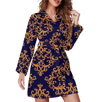 Винтажный пижамный халат в стиле барокко, Золотая Дамасская пижама с длинным рукавом для отдыха, халаты, женская ночная рубашка в стиле ретро с V-образным вырезом, весенние платья с принтом