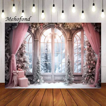 Фон для фотосъемки из Мехофонда, Рождественское окно, Розовая занавеска, Зимняя Рождественская елка, Детский семейный портрет, декор, фон для фотостудии