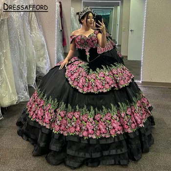 Черное пышное платье с аппликацией, кружевной корсет с 3D цветами и бантом, бальное платье Vestidos De Quinceanera
