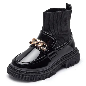 Модные ботинки для девочек Дизайн металлической цепочки Вязание лоскутные ботильоны из искусственной кожи Детские носки для цыплят Ботинки Противоскользящая повседневная обувь