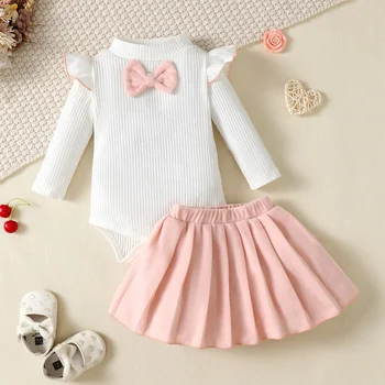 Комплект одежды для маленьких девочек 0-24 м, галстук-бабочка, рукав-бабочка, весенне-осенний боди, топ, юбка, модная одежда для маленьких девочек, одежда для малышей
