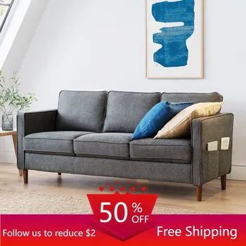 Современный обитый льняной тканью диван с карманами на подлокотниках, темно-вересково-серый, Диваны для гостиной с бесплатной доставкой, мебельный диван