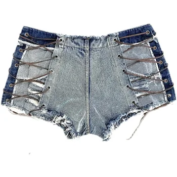 Модные джинсы с ремешками на ягодицах, очень короткие джинсы, женские сексуальные танцевальные брюки с высокой талией, летние дизайнерские мини-брюки
