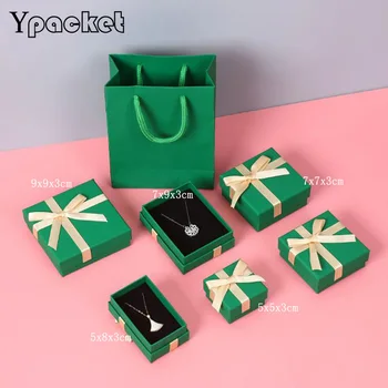 Модная Зеленая коробка-органайзер для ювелирных изделий, Обручальное кольцо для серег, ожерелье, кулон, браслет, чехол для переноски, Подарочная коробка с лентой, 48 шт.