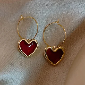 Серьги с эмалью в виде красного сердца, цепочка, кисточки, подарки для ушей, металлические винтажные украшения для женщин