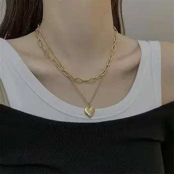Модное панковское двухслойное ожерелье с подвеской в виде сердца для женщин, Корейский Романтический дизайн, Ювелирный подарок для влюбленных из нержавеющей стали