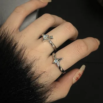 Y2K Кольца с крестом и звездой с опалом и цирконом для женщин, кольцо со звездой из натурального камня, пара колец, кольцо с Лунным камнем, Геометрическое кольцо для девочки, ювелирные изделия в стиле гранж