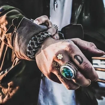 СУЯН треугольник бирюзовое кольцо из стерлингового серебра Мужское винтажное наскальное искусство молодежное тайское серебряное кольцо