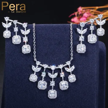 Модный бренд Pera Кубический цирконий серебряного цвета, ожерелье с квадратными листьями, комплекты украшений для женщин, аксессуары для вечеринок J301