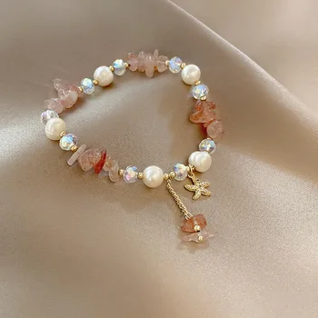 Клубничный браслет с кристаллами, изысканная летняя женская цепочка для рук с шармом в виде жемчужного цветка, идеально подходящая для повседневных случаев и подарков