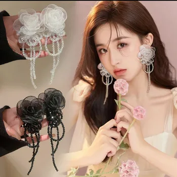 Серьги из белой пряжи для невесты Корейское издание, расшитое бисером, длинный стиль, Преувеличенный цветок, кристалл, Супер сверкающие вечерние серьги