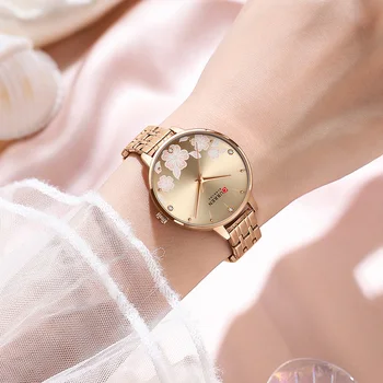 Кварцевые наручные часы для женщин, модный простой браслет из нержавеющей стали с цветочным рисунком, циферблат для роскошных женщин CURREN 9068