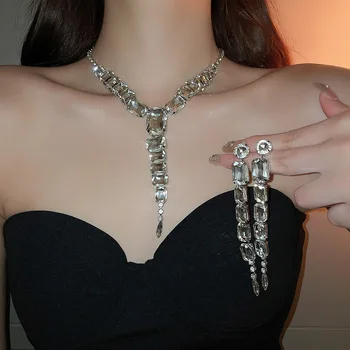 Европейский и американский Легкий Роскошный горный хрусталь, квадратные серьги с длинной кисточкой, ожерелье, ретро-преувеличенные украшения для женщин