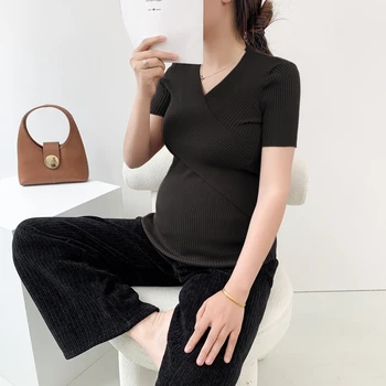 Футболки для беременных и кормящих с коротким рукавом и перекрестным V-образным вырезом, однотонные футболки для женщин, кормящих грудью после родов, Растянутая одежда для кормления грудью