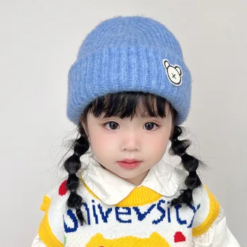 A308052 Детская шапочка ярких цветов, зимняя теплая детская вязаная шапка для мальчиков и девочек, капор-бини для детей 2-8 лет