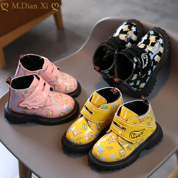 Ботинки для девочек, осенне-зимние плюшевые детские ботинки, обувь для мальчиков и девочек, модные брендовые теплые детские ботинки из мягкой кожи 21-30