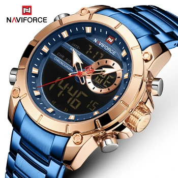 NAVIFORCE Blue Gold Модные Креативные Стальные Спортивные Кварцевые Часы с Креативным Дизайном 2021 Новые Деловые Наручные Часы С Двойным Дисплеем Man Relogio