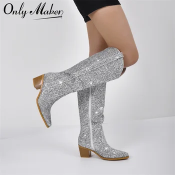 Onlymaker Женские сапоги до колена с острым носком и блестками, ковбойские сапоги в западном стиле, блестящие женские сапоги ручной работы на блочном каблуке