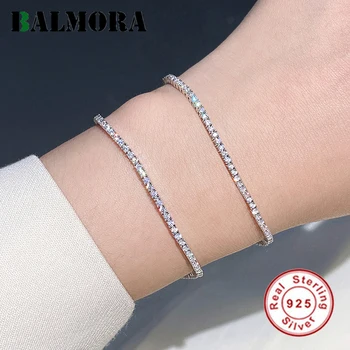 BALMORA S925 Стерлинговое серебро, простой винтажный браслет с искрящимся цирконием для женщин, Модный Элегантный браслет для девочек, ювелирный подарок