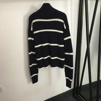 2023 Женский пуловер с длинным рукавом и высокой горловиной в контрастную полоску на молнии, женский свитер SML