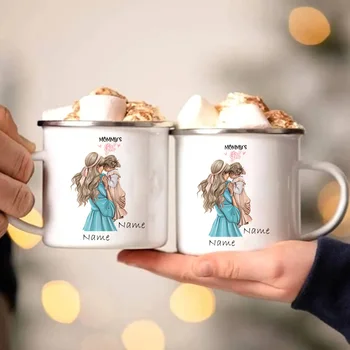Индивидуальная эмалированная чашка для мамы и маленькой принцессы, кружка с напечатанным именем, Персонализированные подарочные кофейные чашки и кружки, необычные чайные чашки, прямая поставка