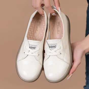 Весенне-осенние женские повседневные универсальные маленькие белые туфли на плоской подошве из воловьей кожи верхнего слоя