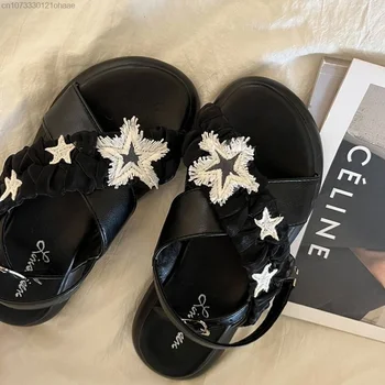 Женские черные сандалии Y2k Fashion Star Новая Женская обувь на платформе в корейском стиле харадзюку 2023 Летние Повседневные Пляжные тапочки для девочек