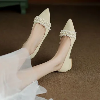 Женская обувь 2023 Элегантная женская летняя обувь на низком каблуке С острым носком на квадратном каблуке, Черный жемчуг, высококачественный люксовый бренд 39