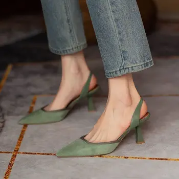 Повседневные туфли на высоком каблуке с острым носком во французском ретро стиле, новинка лета 2023, женские босоножки Baotou с открытым каблуком, Темперамент, Однотонные женские босоножки