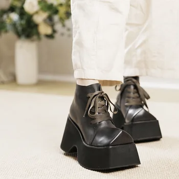 Birkuir/ Ботинки на толстом каблуке с квадратным носком, на шнуровке, из натуральной кожи, на платформе на очень высоком каблуке 10 см, роскошные женские ботильоны