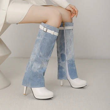 Длинные сапоги до колена с загнутым краем и пряжкой на ремне в стиле ретро, женские вечерние туфли на платформе и молнии на высоком каблуке 10 см, осень 2023 г.