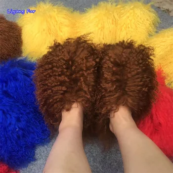 Женская зимняя обувь на плоской подошве, роскошные меховые тапочки, женские шлепанцы из монгольского меха с круглым носком