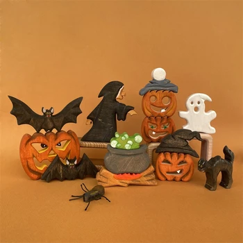 Деревянные игрушки для Хэллоуина, Ведьма, кошка, тыква, Летучая мышь, Паук, фигурки призраков, детские игрушки для открытых игр, игрушки для декора на Хэллоуин, подарок