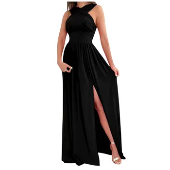 Элегантное женское Сексуальное длинное платье 2023, летнее вечернее платье без рукавов с открытой спиной и разрезом по низу, Длинное платье