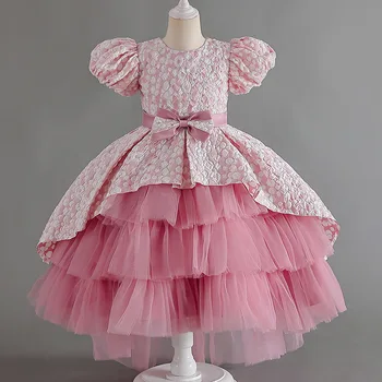 Платье для девочек 2023 года, свадебное платье из атласной ткани сращивания, Платье принцессы Пенгпенг, Вечеринка с участием детского пианино в цветочек