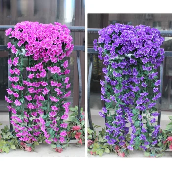 Фиолетовая Красочная Имитация Висячих цветов, украшение из ротанга, Искусственное Шелковое украшение из цветов, декор для ограждения балкона, террасы