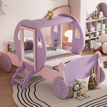 Кровать-карета Twin size Princess с Короной, Деревянная Автомобильная кровать-платформа с Лестницей для внутренней мебели спальни, Фиолетовый + Розовый