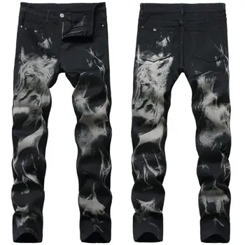 Новые джинсы с принтом Волка и Злого Скелета черные трендовые мужские джинсовые брюки с принтом Дракона, мужские прямые брюки приталенного кроя