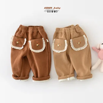 Детские плюшевые брюки для девочек, зимние детские вельветовые плотные термобрюки с цветочной вышивкой