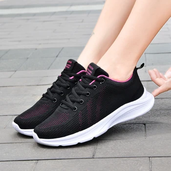 Летние женские сетчатые кроссовки для бега, на шнуровке, для занятий фитнесом, легкая Удобная дышащая Черная обувь для ходьбы, размер 35-41