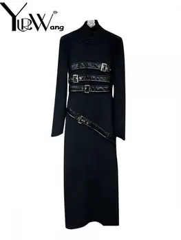 Женское платье yuerwang 2023, осень, воротник-стойка, длинный рукав, пояс с несколькими пряжками, Модное Универсальное Черное трикотажное платье с низом, Новинка